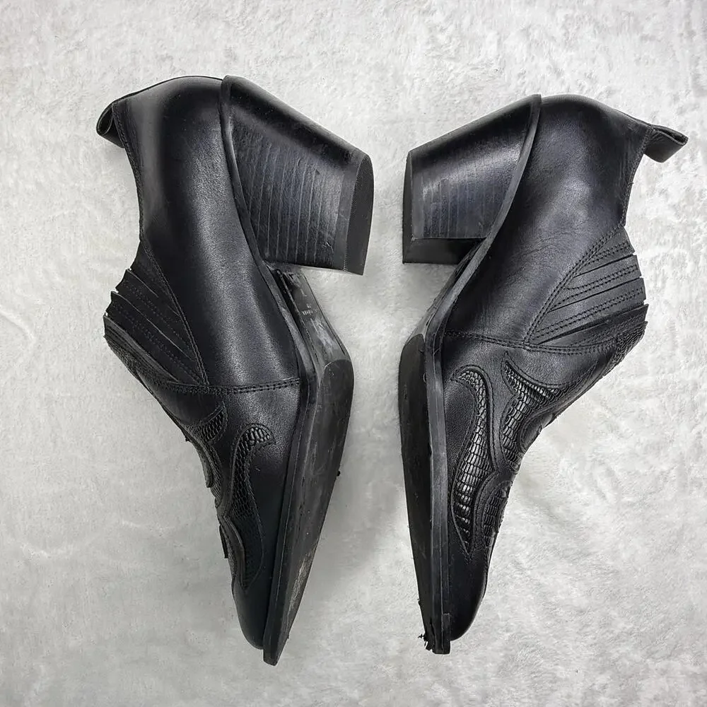 Marc Fisher‎ Leather Heeled Western Booties Black Detailed Pointed Toe  7 EUC